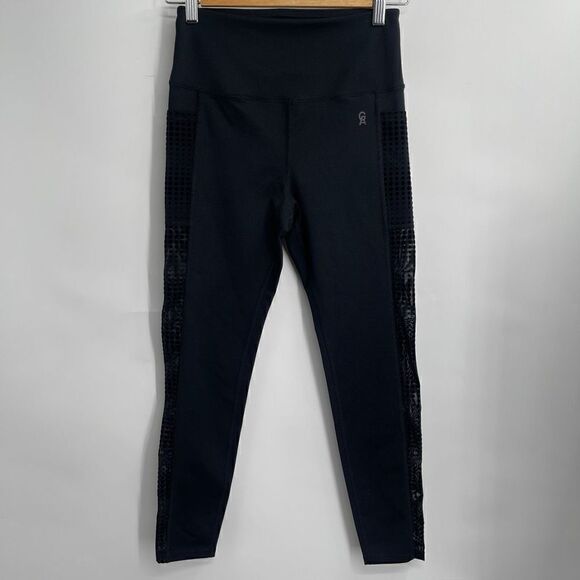 Good American High Rise Side Sheer  Mesh Athletic Black Leggings Size 2 - Picture 2 of 7